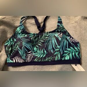 Tropical Leaf Print Sports Bra - Green and Navy